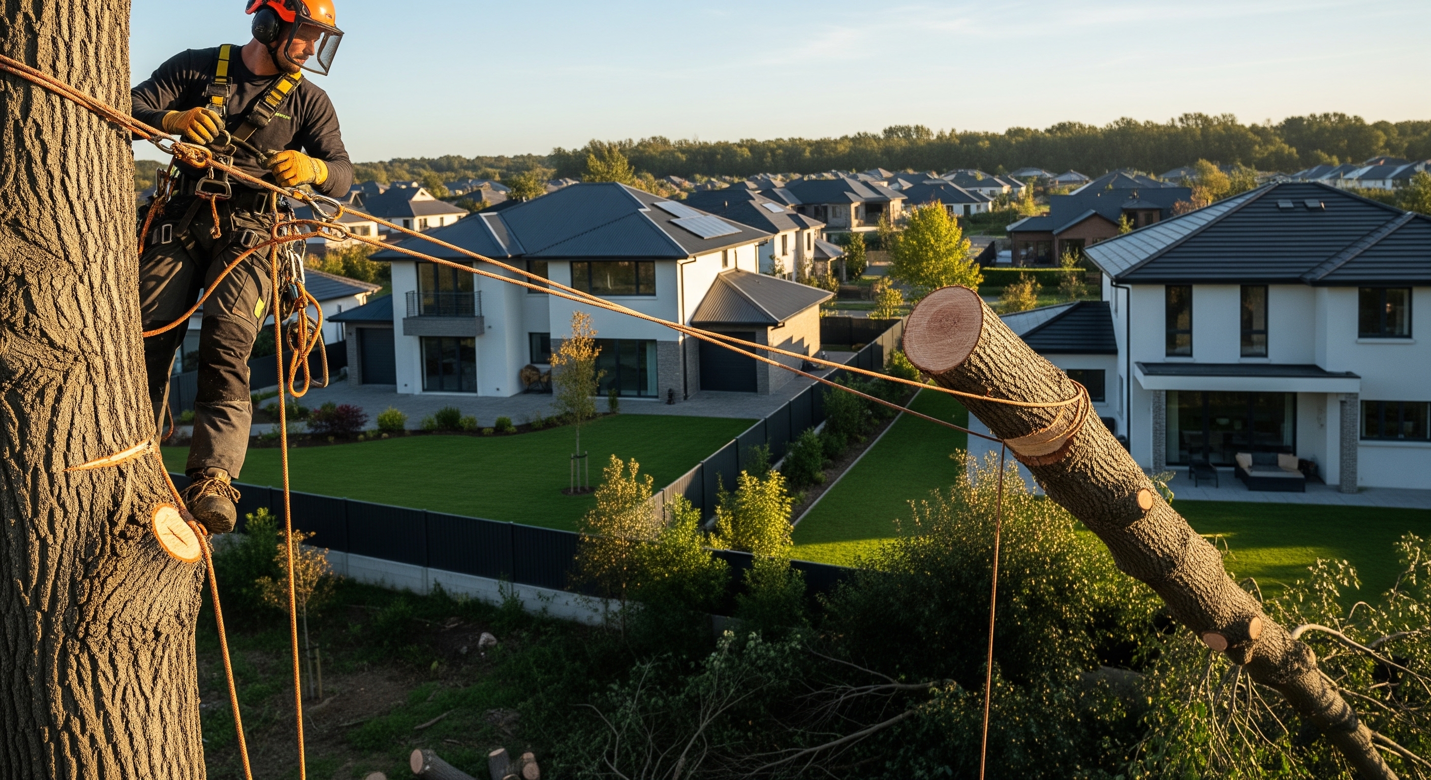 Opération d'abattage délicat d'un grand arbre en milieu urbain
