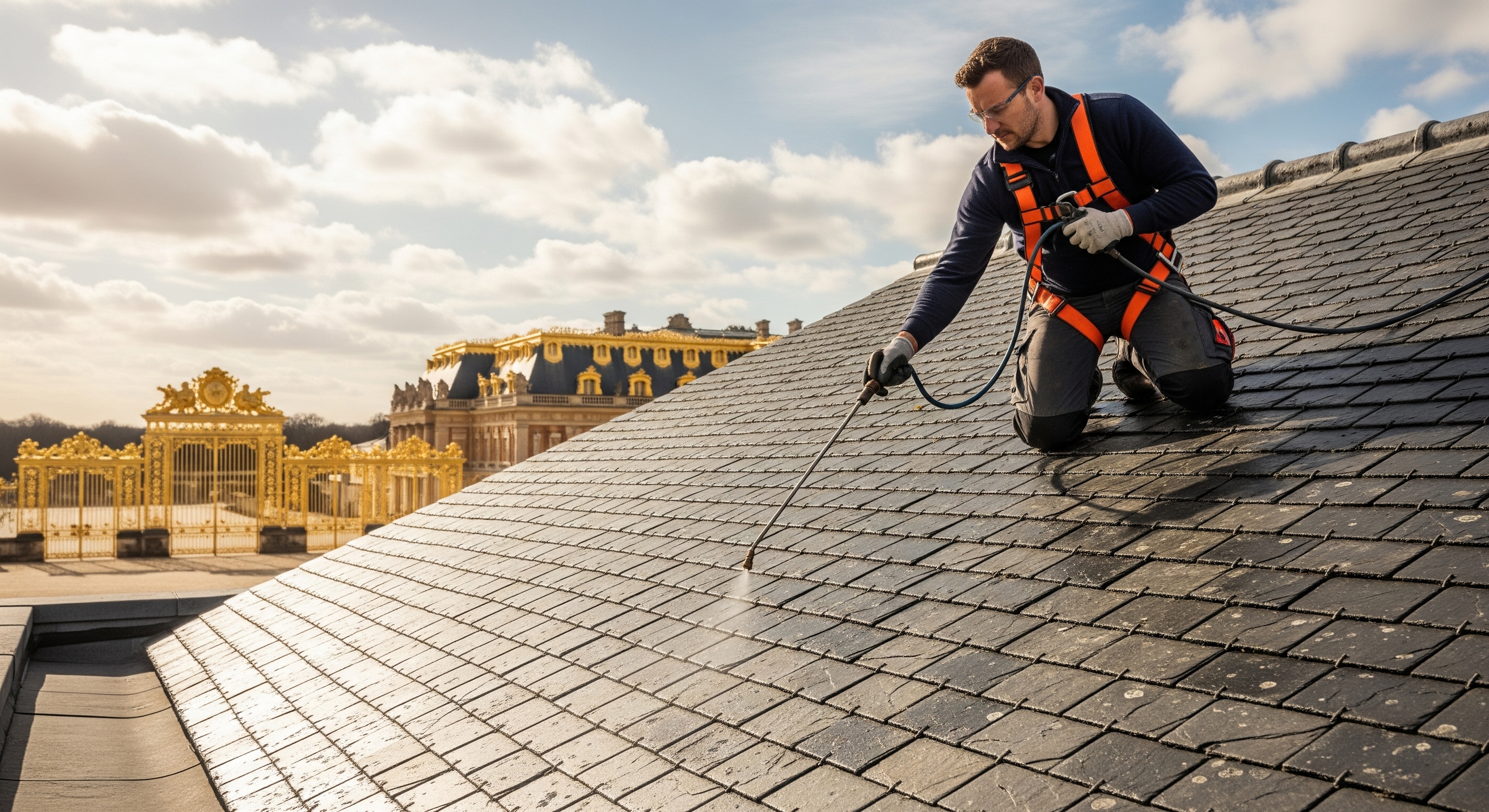 Démoussage d'un toit en ardoise