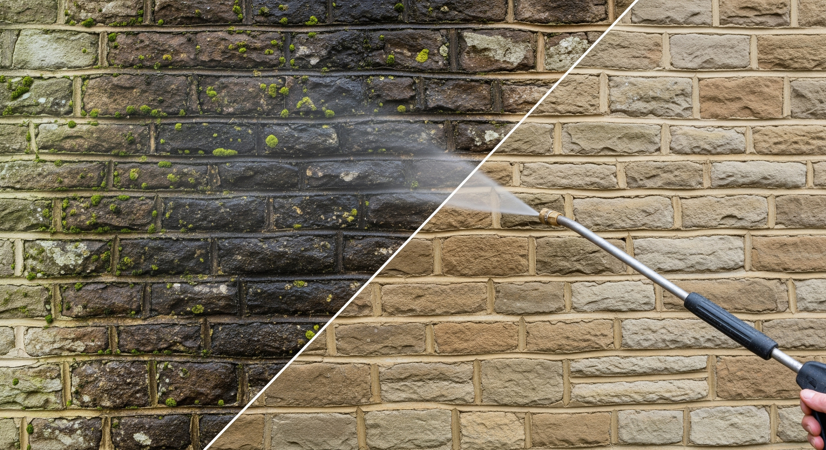 Muret en pierre avec une partie nettoyée et une partie noircie