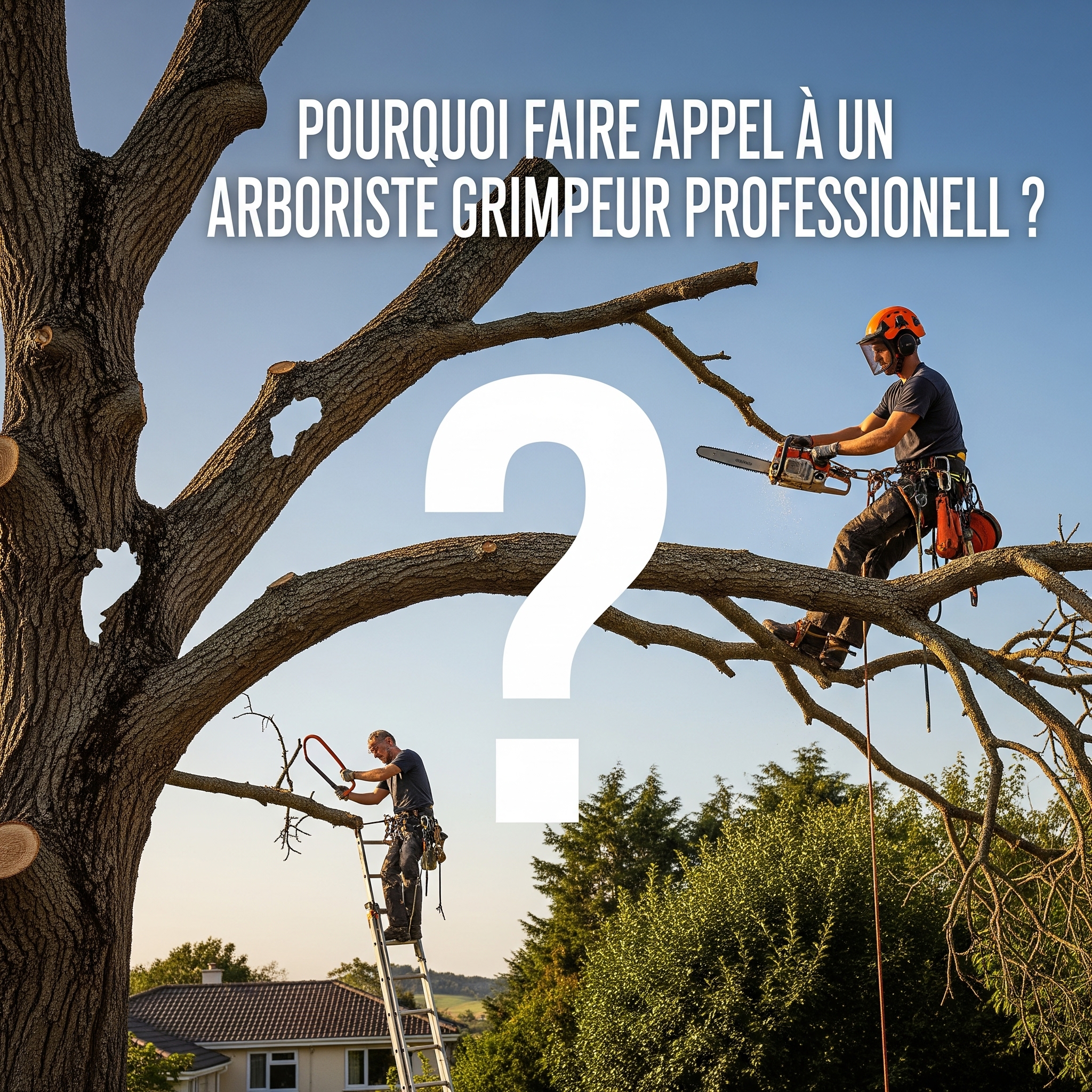 Élagueur professionnel équipé et sécurisé dans un arbre