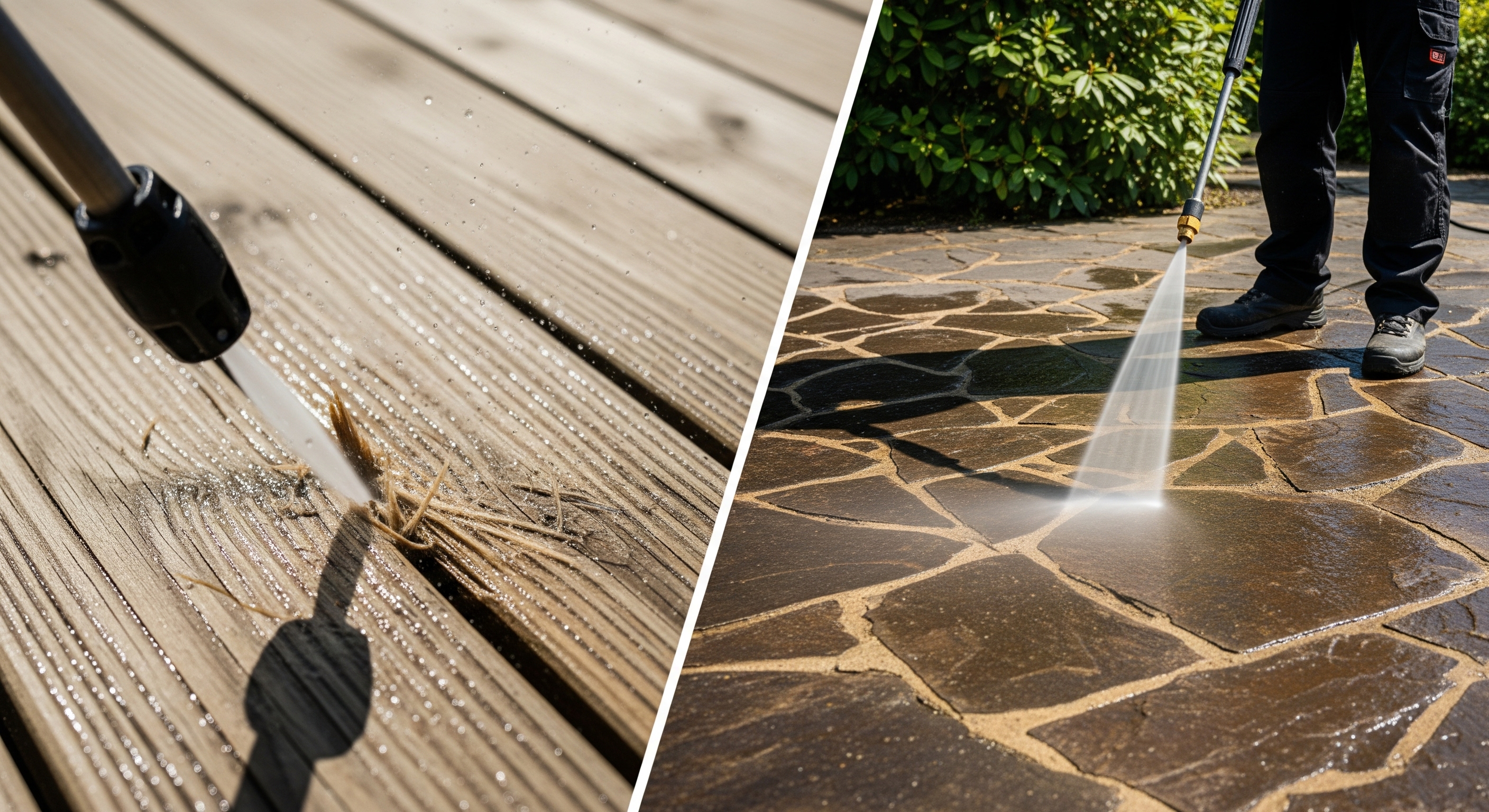 Nettoyage d'une terrasse en bois au nettoyeur haute pression