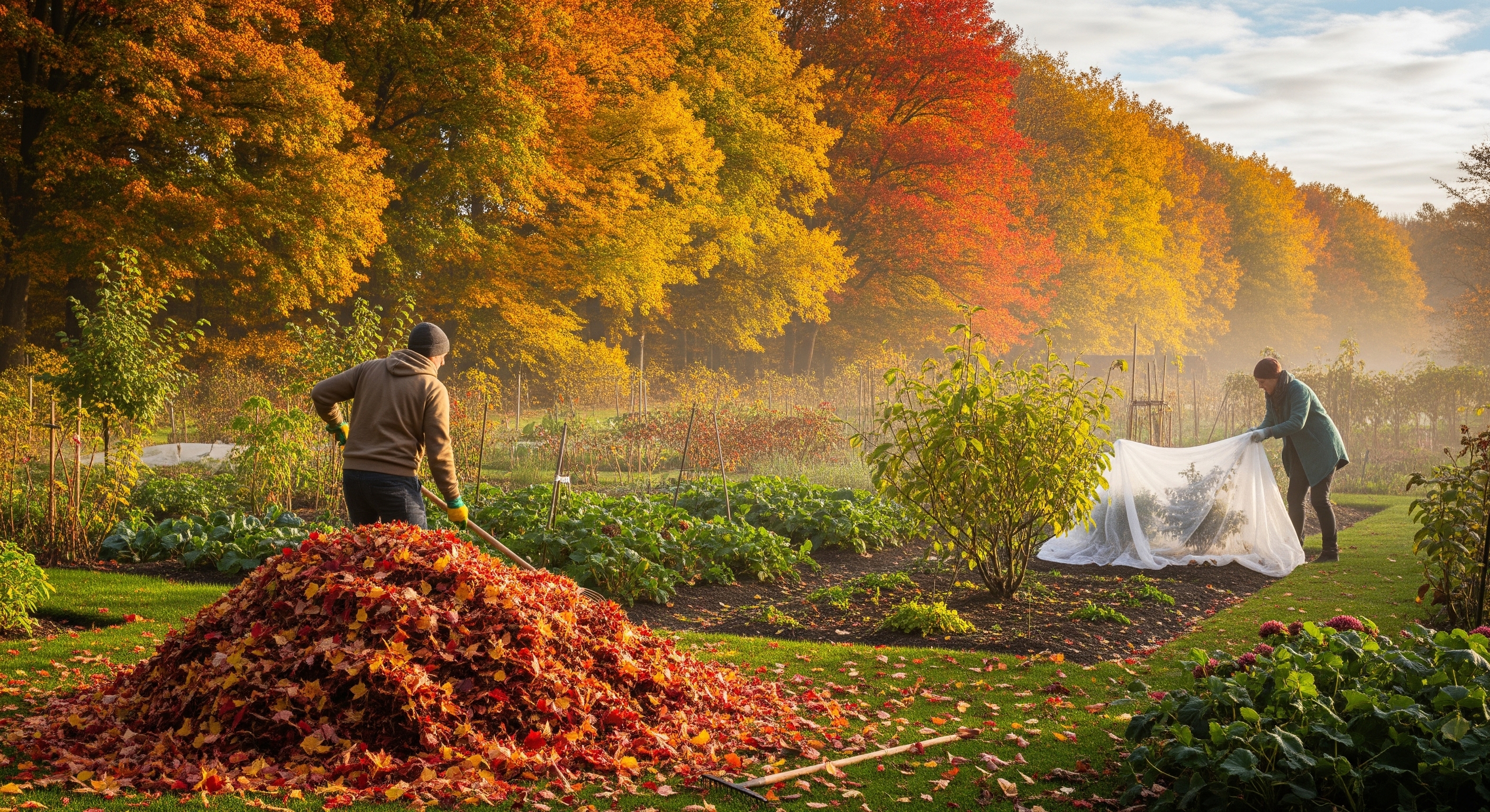 Jardin en automne avec des feuilles mortes au sol