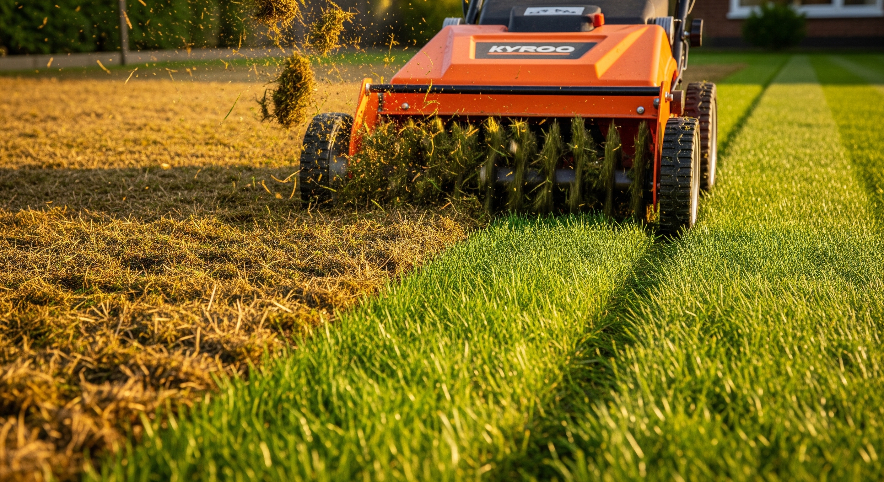 Scarificateur en action sur une pelouse